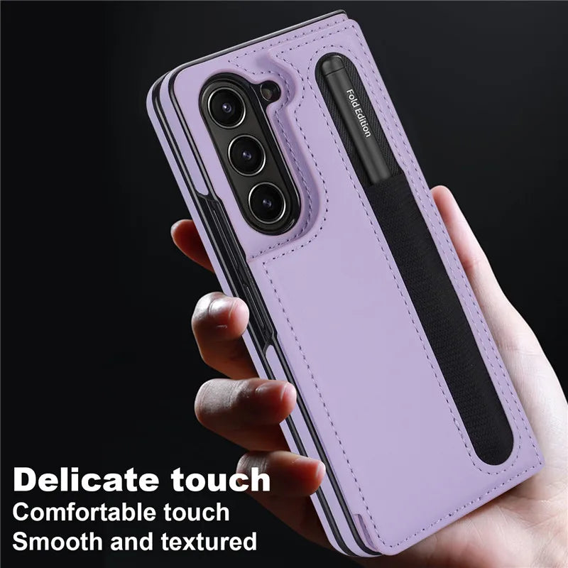 Pen Slot Leather Wallet Card Phone Case for Samsung Galaxy Z Fold 7 6 5 4 3 Fold6 Fold5 Fold4 Fold3 Retor Flip Stand Cover Etui