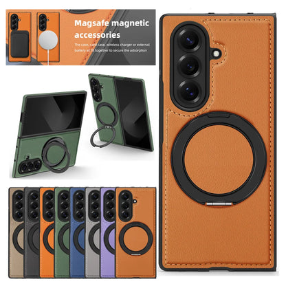 Ring Stand Magsafe Leather Case For Samsung Galaxy Z Fold 7 6 5 4 3 Z Fold7 Phone Case Magnetic Phone Cover Wireless Charging