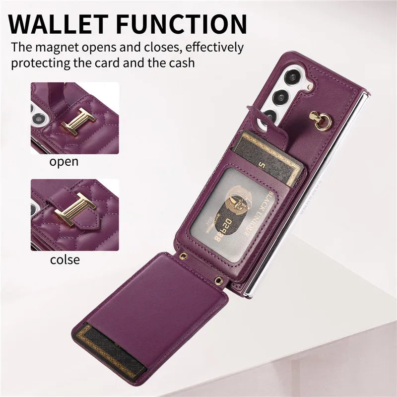 Crossbody Lanyard Leather Phone Case for Samsung Galaxy Z Fold 6 5 4 3 Fold6 Fold5 Fold4 Fold3 Wrist Rope Wallet Card Cover Etui