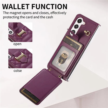 Crossbody Lanyard Leather Phone Case for Samsung Galaxy Z Fold 6 5 4 3 Fold6 Fold5 Fold4 Fold3 Wrist Rope Wallet Card Cover Etui