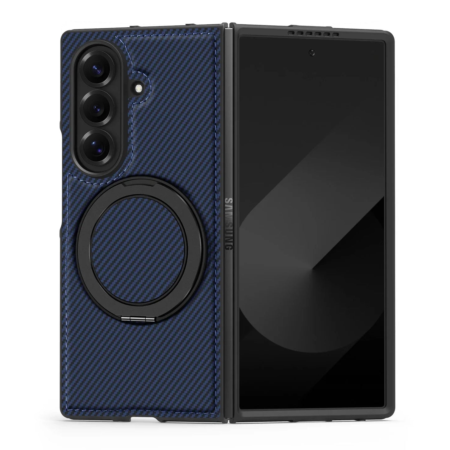 Auto Leather Phone Case for Samsung Galaxy Z Fold 7 Fold6 5 4 3 Magnetic Rotating Alloy Bracket Ring Carbon Fiber Pattern Cover
