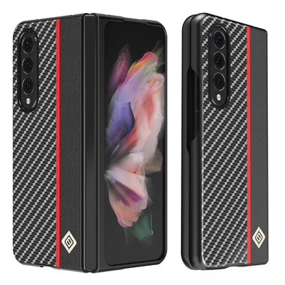 ZFold 7 Phone Case for Samsung Galaxy Z Fold 7 Fold6 5 4 3 5G Carbon Fiber Red Vertical Stripes PU Leather Slim Protective Cover