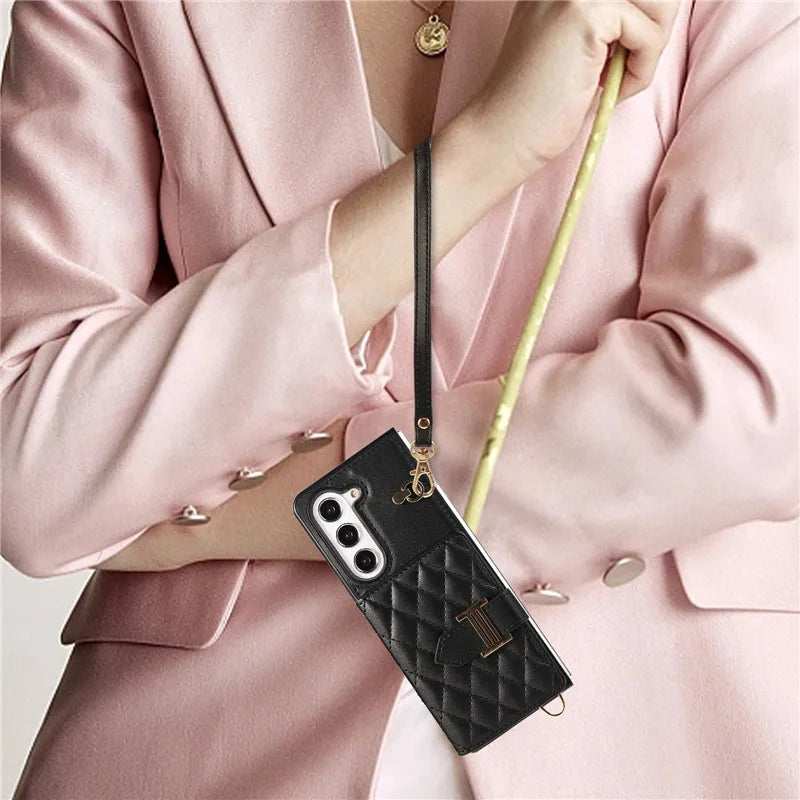 Crossbody Lanyard Leather Wallet Card Phone Case for Samsung Galaxy Z Fold 7 6 5 4 3 Fold6 Fold5 Fold4 Fold3 Wrist Rope Cover