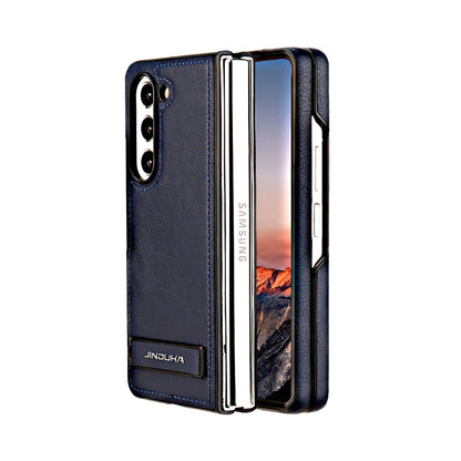 Z Fold 6 Electroplated Frame Bracket flip Leather cell Phone Case for Samsung Galaxy Z Fold 6 5 4 3 Anti Fingerprint Back Cover