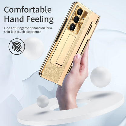 For Samsung Galaxy Z Fold 7 6 5 4 5G With Screen Protect Glass Film Luxury Leather One-Piece Plating Stand Hinge Shockproof Case