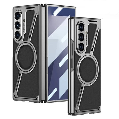 Electroplating Magnetic Wireless Charging Phone Case for Samsung Galaxy Z Fold 7 Zfold 6 Z Shaped Plain Leather Thin Hard Cover