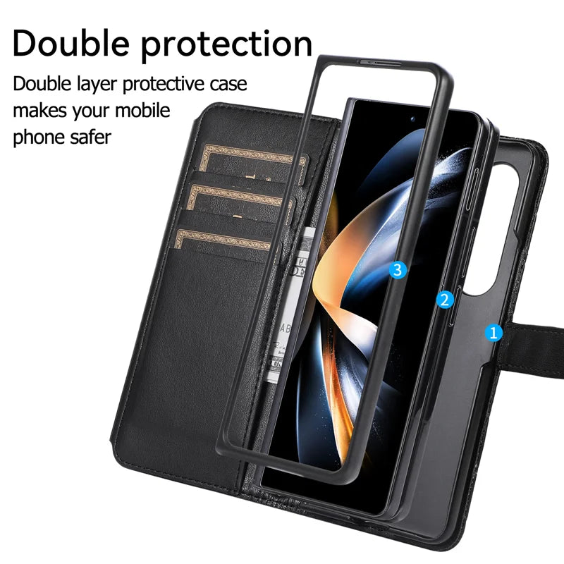 Luxury Lanyard Leather Flip Stand Phone Case for Samsung Galaxy Z Fold 7 6 5 4 3 Fold6 Fold5 Fold3 Fold4 Zip Wallet Card Cover
