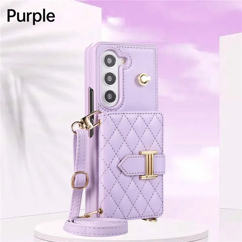 Crossbody Lanyard Leather Wallet Card Phone Case for Samsung Galaxy Z Fold 7 6 5 4 3 Fold6 Fold5 Fold4 Fold3 Wrist Rope Cover