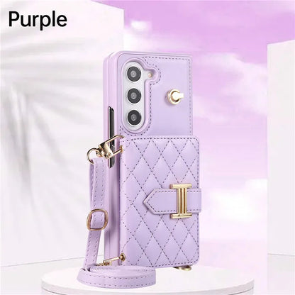 Crossbody Lanyard Leather Wallet Card Phone Case for Samsung Galaxy Z Fold 7 6 5 4 3 Fold6 Fold5 Fold4 Fold3 Wrist Rope Cover