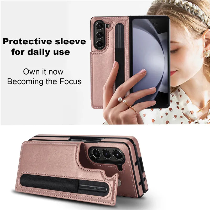 Pen Slot Leather Wallet Card Phone Case for Samsung Galaxy Z Fold 7 6 5 4 3 Fold6 Fold5 Fold4 Fold3 Retor Flip Stand Cover Etui