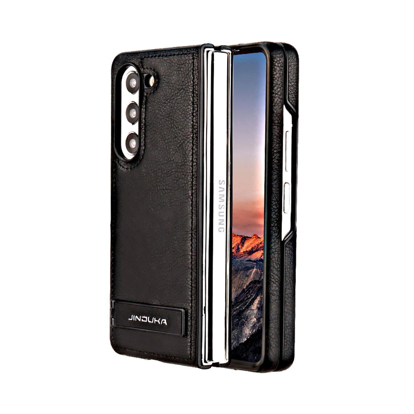 Z Fold 6 Electroplated Frame Bracket flip Leather cell Phone Case for Samsung Galaxy Z Fold 6 5 4 3 Anti Fingerprint Back Cover