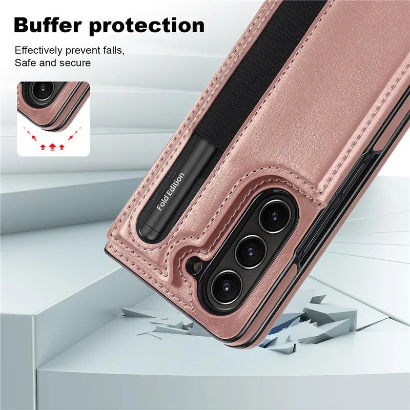 Pen Slot Leather Wallet Card Phone Case for Samsung Galaxy Z Fold 7 6 5 4 3 Fold6 Fold5 Fold4 Fold3 Retor Flip Stand Cover Etui