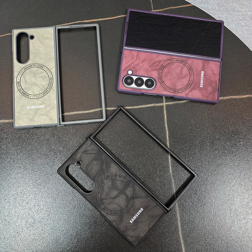 Magnetic Sheepskin Leather Case For Samsung Galaxy Z Fold 3 4 5 6 7 For Magsafe Wireless Charging Hard PC Protective Cover