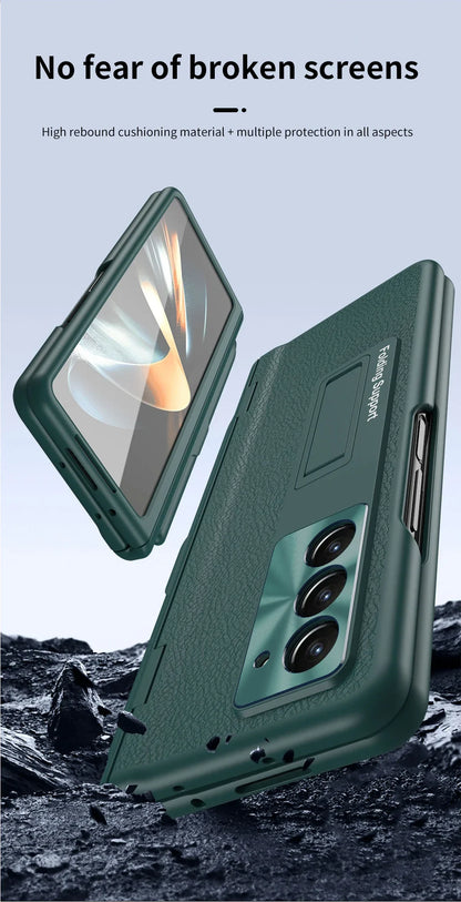 With Touch Pen Case For Samsung Galaxy Z Fold 5 Leather Hinge Fold 6 4 3 Screen Protector Tempered Film Folding Kickstand Cover