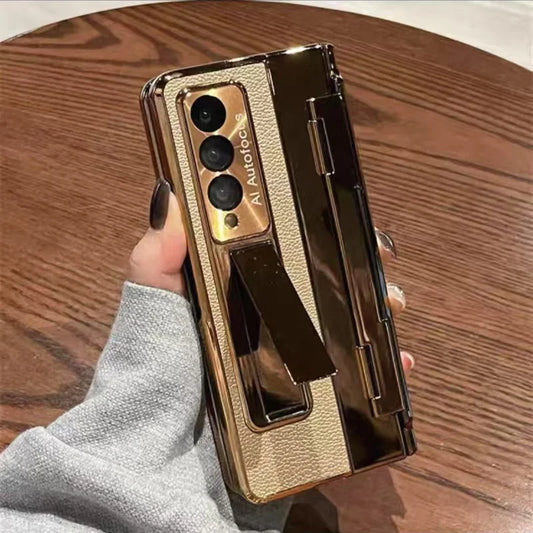 For Samsung Galaxy Z Fold 7 6 5 4 5G With Screen Protect Glass Film Luxury Leather One-Piece Plating Stand Hinge Shockproof Case