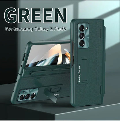With Touch Pen Case For Samsung Galaxy Z Fold 5 Leather Hinge Fold 6 4 3 Screen Protector Tempered Film Folding Kickstand Cover