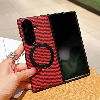 Auto Leather Phone Case for Samsung Galaxy Z Fold 7 Fold6 5 4 3 Magnetic Rotating Alloy Bracket Ring Carbon Fiber Pattern Cover