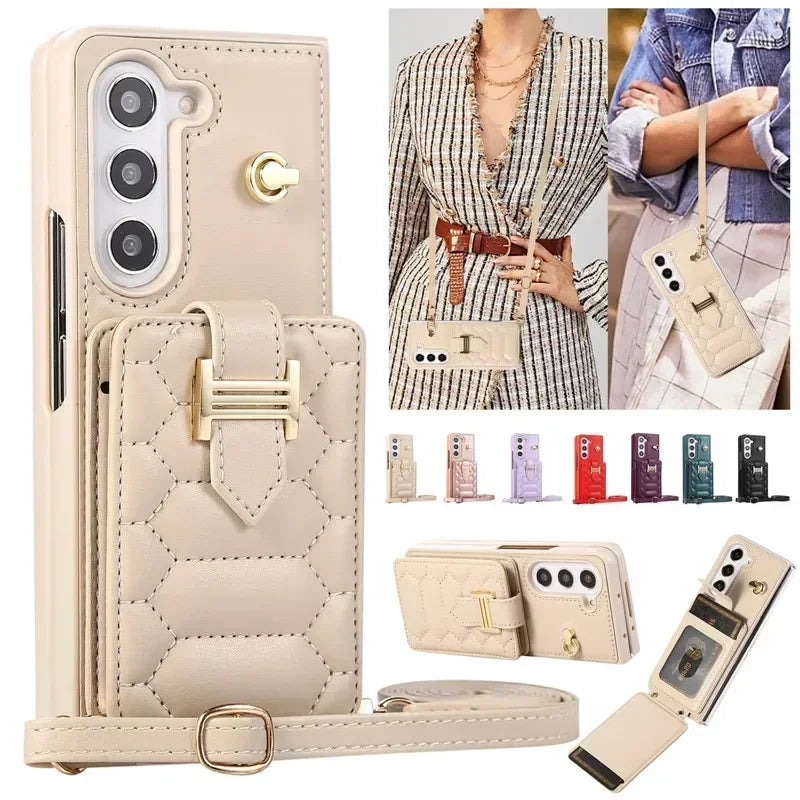 Crossbody Lanyard Leather Phone Case for Samsung Galaxy Z Fold 6 5 4 3 Fold6 Fold5 Fold4 Fold3 Wrist Rope Wallet Card Cover Etui