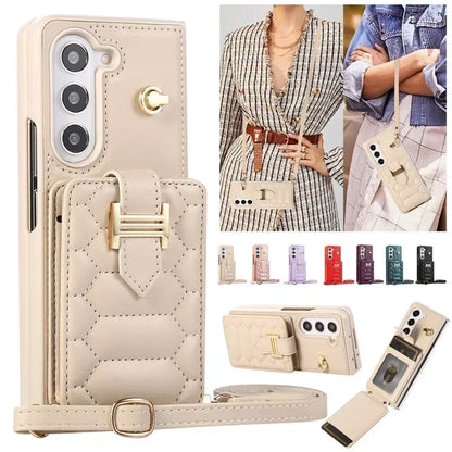 Crossbody Lanyard Leather Phone Case for Samsung Galaxy Z Fold 6 5 4 3 Fold6 Fold5 Fold4 Fold3 Wrist Rope Wallet Card Cover Etui
