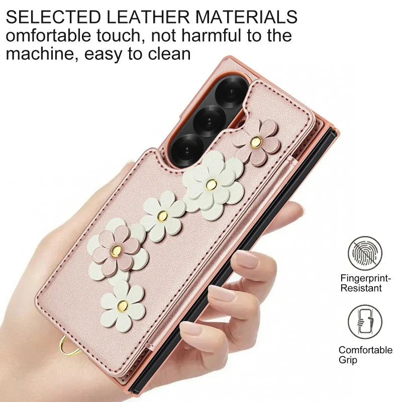 Long Lanyard Leather Wallet Card Slot Phone Case for Samsung Galaxy Z Fold 7 6 5 4 Wrist Strap Flip Purse Holder Cover Back Bag