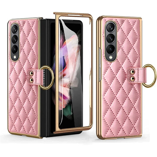 Leather Case with Ring & Screen Protector for Galaxy Z Fold 7/6/5/4/3