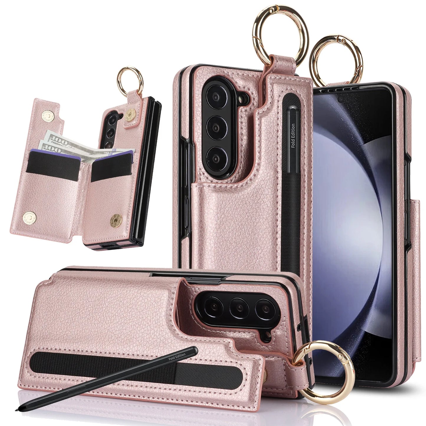 Fold7 Ring&Pen Slot Pu Leather Phone Case for Samsung Galaxy Z Fold 7 6 5 4 3 Metal Double Buckle Flip Card Holder Wallet Cover