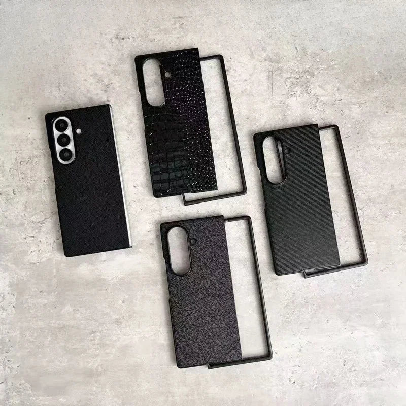 Leather Case For Samsung Galaxy Z Fold 7 6 5 4 3 Z Flip 7 6 5 4 3 Carbon Fiber Saffiano Crocodile Lychee Cover Wireless Charging
