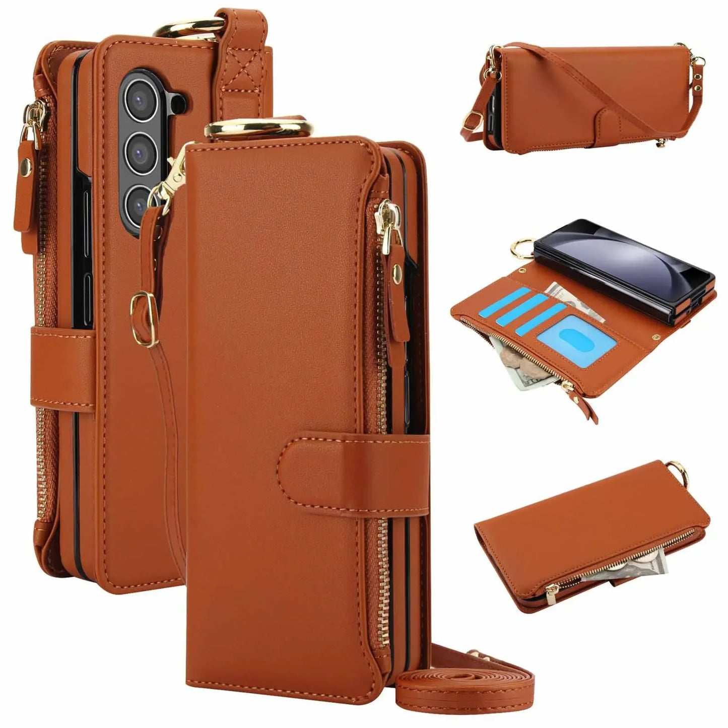 ZFold 7 Pu Leather Crossbody Phone Case for Samsung Galaxy Z Fold 7 6 5 4 3 Ring&Wrist Strap&Long Rope&Zipper Card Wallet Cover