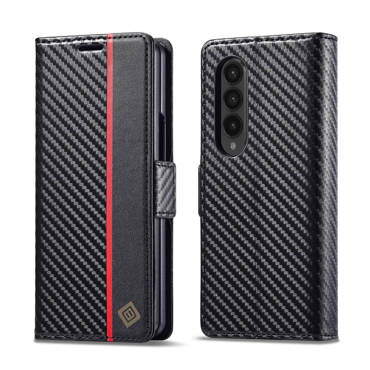 ZFold 7 Carbon Fiber Texture Phone Case for Samsung Galaxy Z Fold 7 6 5 4 3 W23 W22 5G Buckle Pu Leather Card Slot Holder Wallet