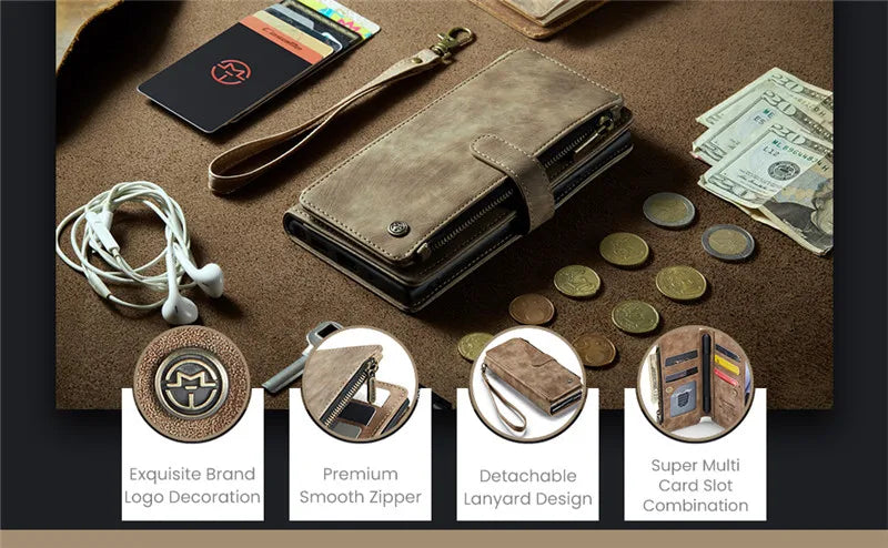 Luxury Lanyard Leather Zipper Wallet Card Phone Case For Samsung Galaxy Z Fold 7 6 5 4 Fold6 Fold5 Fold4 Purse Flip Stand Cover