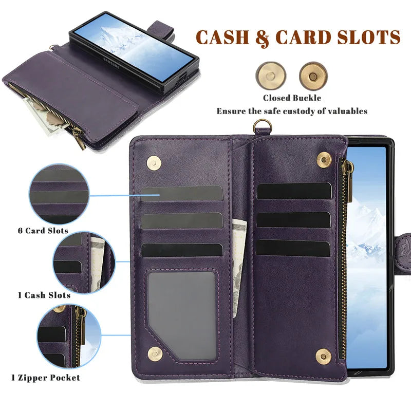 Lanyard Leather Zipper Wallet Multi Card Phone Case for Samsung Galaxy Z Fold 7 6 5 4 3 Fold6 Fold5 Fold4 Fold3 Flip Stand Cover