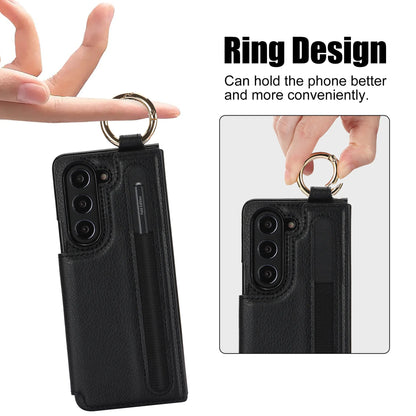Fold7 Ring&Pen Slot Pu Leather Phone Case for Samsung Galaxy Z Fold 7 6 5 4 3 Metal Double Buckle Flip Card Holder Wallet Cover