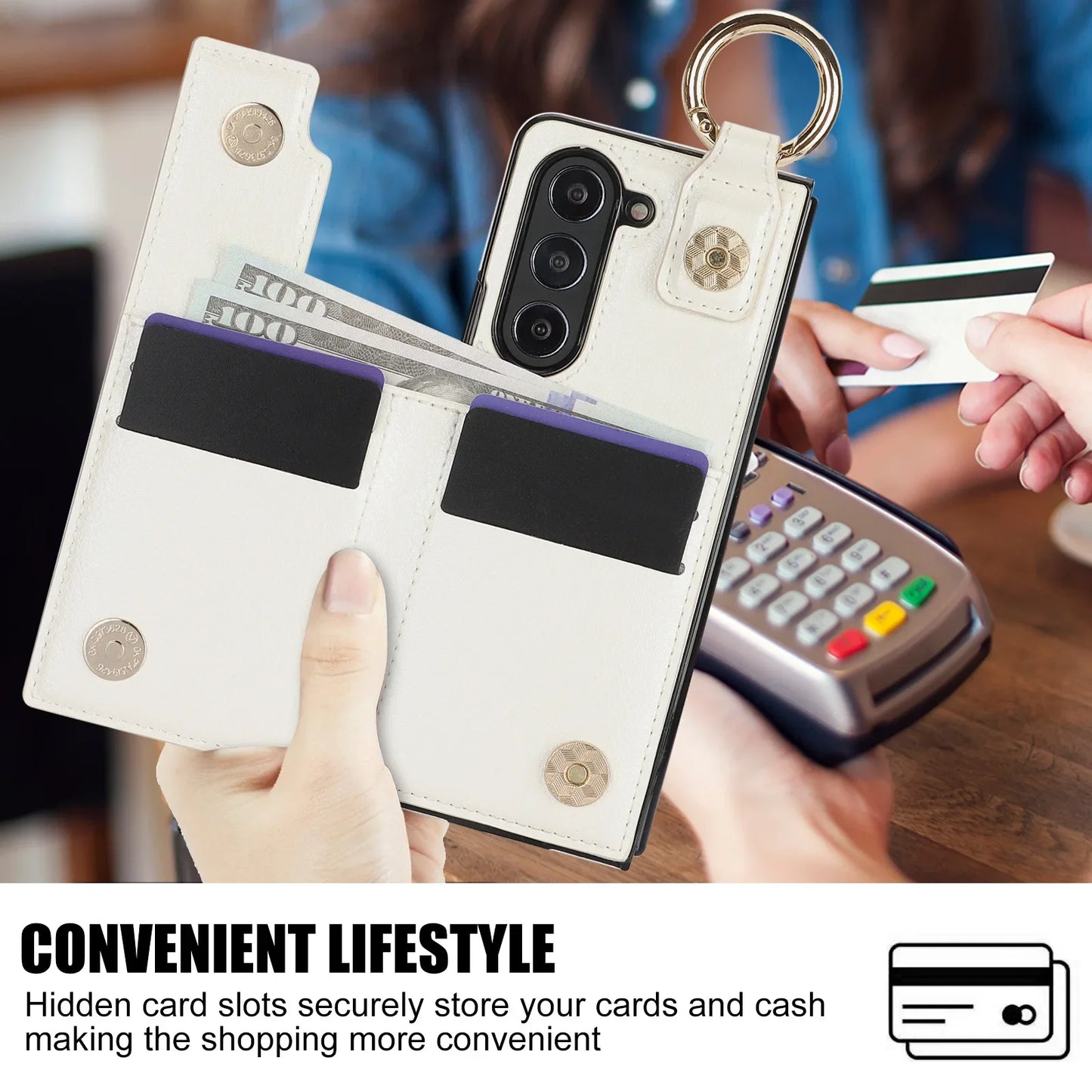 Fold7 Ring&Pen Slot Pu Leather Phone Case for Samsung Galaxy Z Fold 7 6 5 4 3 Metal Double Buckle Flip Card Holder Wallet Cover