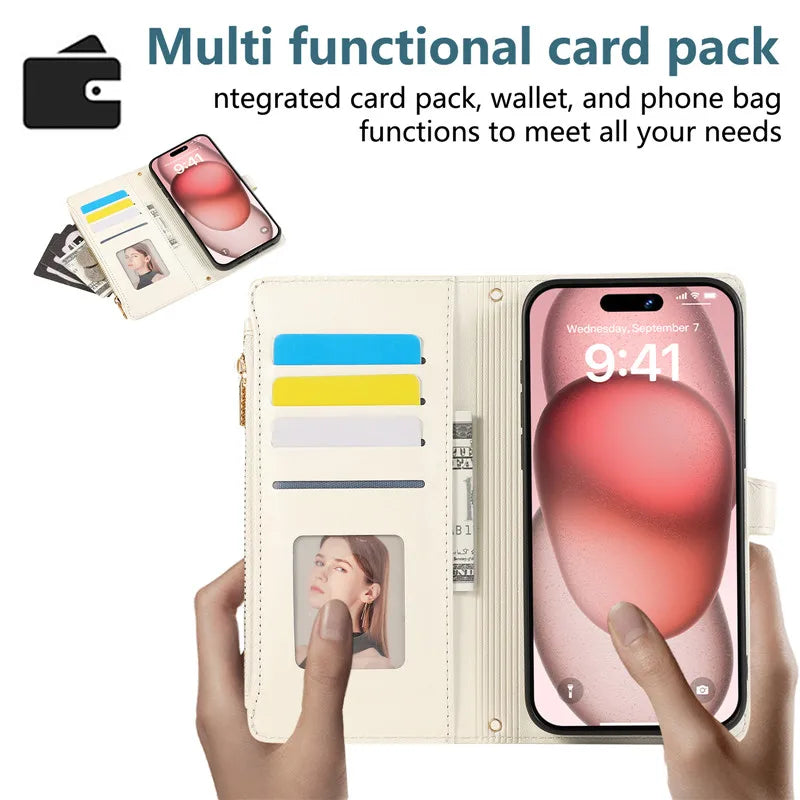 Crossbody Lanyard Leather Zip Wallet Card Slot Phone Case for Samsung Galaxy Z Fold 7 6 5 4 3 Wrist Strap Flip Stand Cover Etui