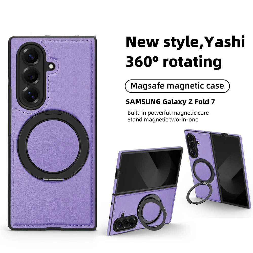 Ring Stand Magsafe Leather Case For Samsung Galaxy Z Fold 7 6 5 4 3 Z Fold7 Phone Case Magnetic Phone Cover Wireless Charging