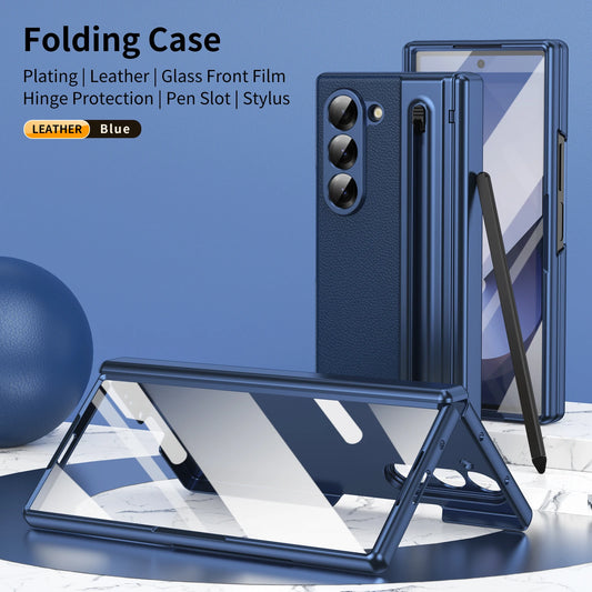 VIETAO For Samsung Galaxy Z Fold 7 Leather Phone Case With Hinge Protection, Z Fold 6 Case With Front Screen Film Protector+Pen