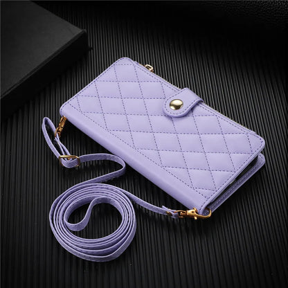 Crossbody Lanyard Leather Zip Wallet Card Slot Phone Case for Samsung Galaxy Z Fold 7 6 5 4 3 Wrist Strap Flip Stand Cover Etui