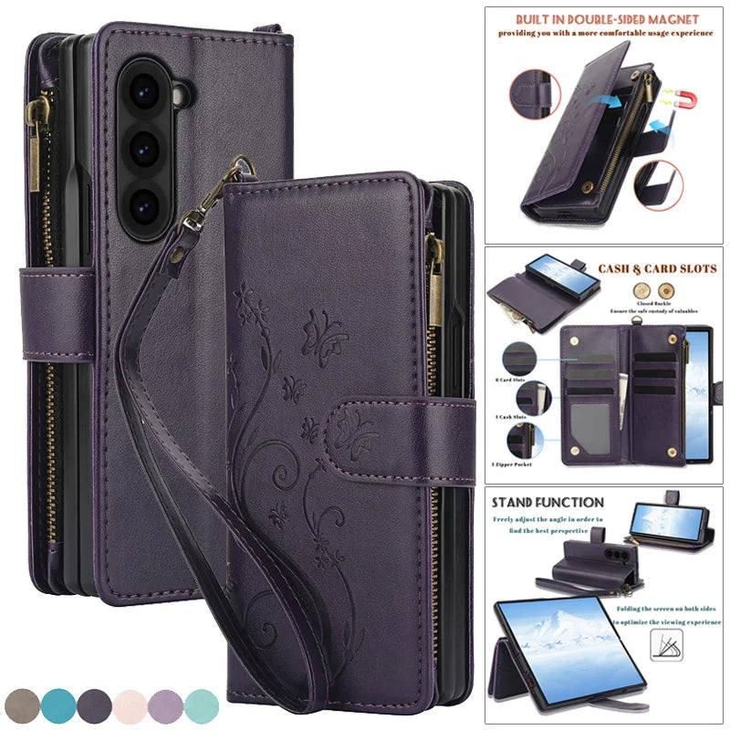 Lanyard Leather Zipper Wallet Multi Card Phone Case for Samsung Galaxy Z Fold 7 6 5 4 3 Fold6 Fold5 Fold4 Fold3 Flip Stand Cover