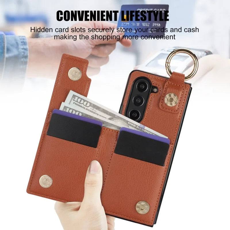 Ring Leather Zipper Wallet Card Slot Phone Case for Samsung Galaxy Z Fold 7 6 5 4 3 Shock Proof Flip Purse Holder Cover Hoesje