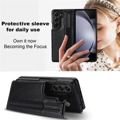 Pen Slot Leather Wallet Card Phone Case for Samsung Galaxy Z Fold 7 6 5 4 3 Fold6 Fold5 Fold4 Fold3 Retor Flip Stand Cover Etui