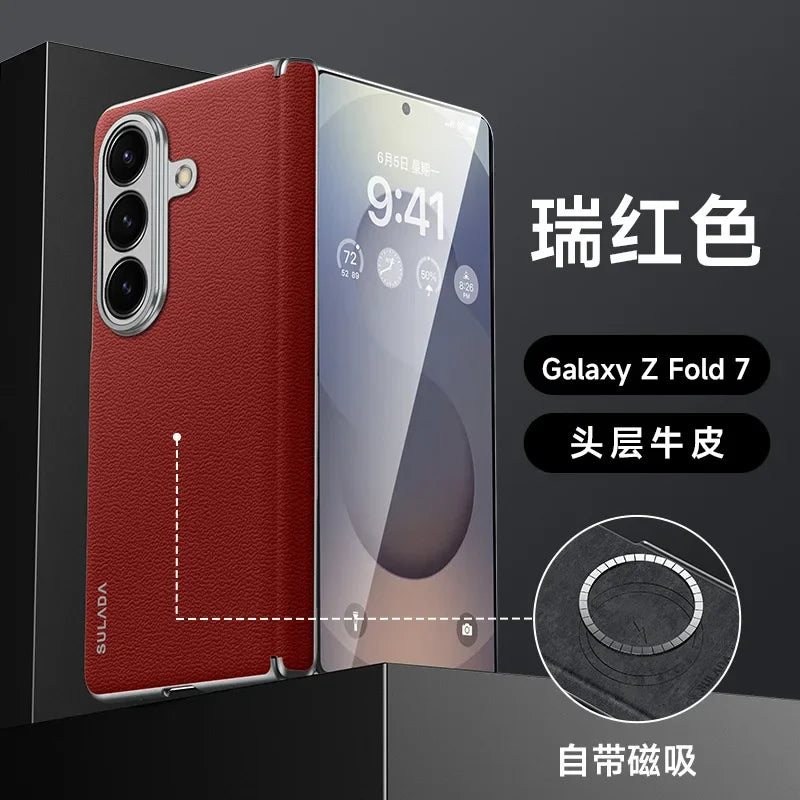 First Layer Cowhide Leather Phone Case for Samsung Galaxy Z Fold 7 Fold7 Metal Lens Protection Magnetic Attraction Hard Cover