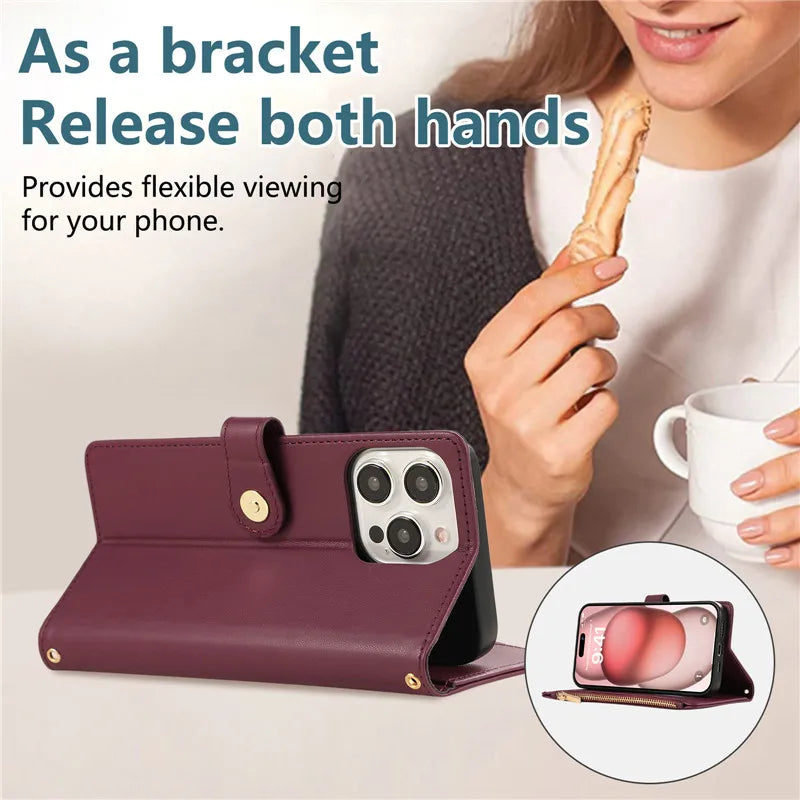 Crossbody Lanyard Leather Zip Wallet Card Slot Phone Case for Samsung Galaxy Z Fold 7 6 5 4 3 Wrist Strap Flip Stand Cover Etui