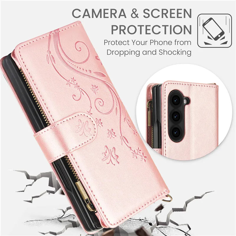 Lanyard Leather Zipper Wallet Multi Card Phone Case for Samsung Galaxy Z Fold 7 6 5 4 3 Fold6 Fold5 Fold4 Fold3 Flip Stand Cover