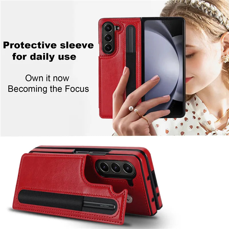 Pen Slot Leather Wallet Card Phone Case for Samsung Galaxy Z Fold 7 6 5 4 3 Fold6 Fold5 Fold4 Fold3 Retor Flip Stand Cover Etui