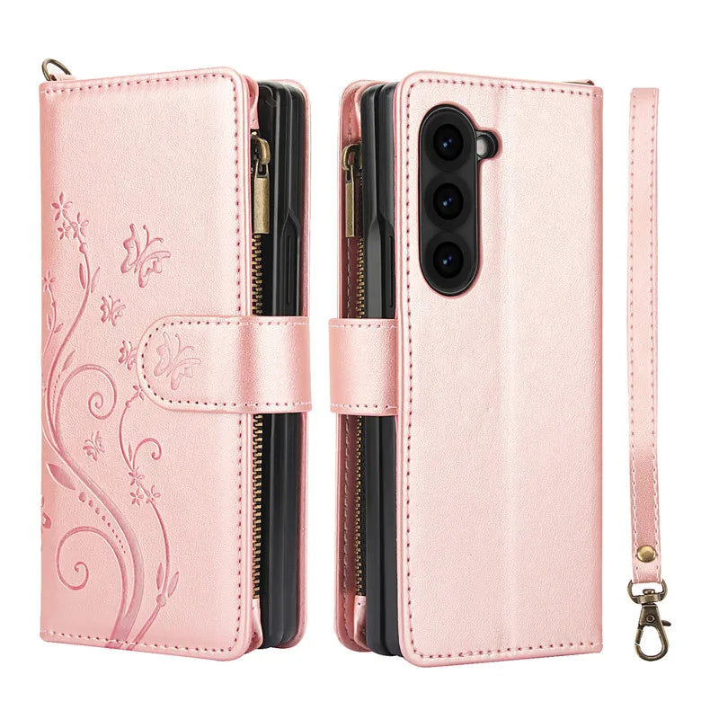 Lanyard Leather Zipper Wallet Multi Card Phone Case for Samsung Galaxy Z Fold 7 6 5 4 3 Fold6 Fold5 Fold4 Fold3 Flip Stand Cover