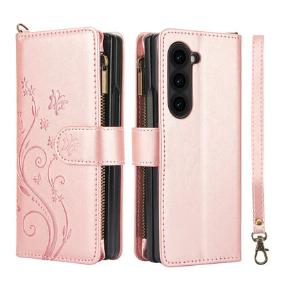 Lanyard Leather Zipper Wallet Multi Card Phone Case for Samsung Galaxy Z Fold 7 6 5 4 3 Fold6 Fold5 Fold4 Fold3 Flip Stand Cover