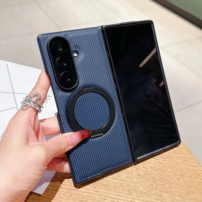 Auto Leather Phone Case for Samsung Galaxy Z Fold 7 Fold6 5 4 3 Magnetic Rotating Alloy Bracket Ring Carbon Fiber Pattern Cover