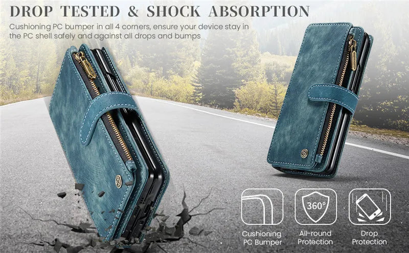 Luxury Lanyard Leather Zipper Wallet Card Phone Case For Samsung Galaxy Z Fold 7 6 5 4 Fold6 Fold5 Fold4 Purse Flip Stand Cover