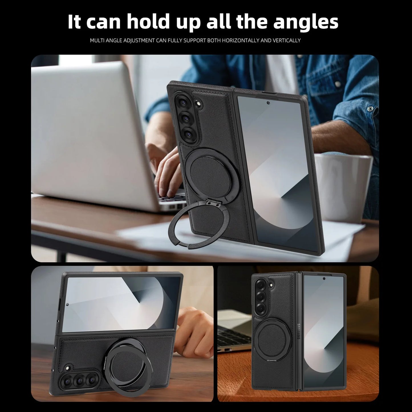 Phone Case for Samsung Galaxy Z Fold 7 Fold6 5 4 3 Strong Magnetic Ring&360 °rotating Bracket Wireless Charging Pu Leather Cover