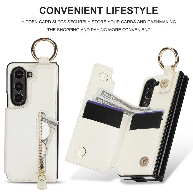 Ring Leather Zipper Wallet Card Slot Phone Case for Samsung Galaxy Z Fold 7 6 5 4 3 Shock Proof Flip Purse Holder Cover Hoesje